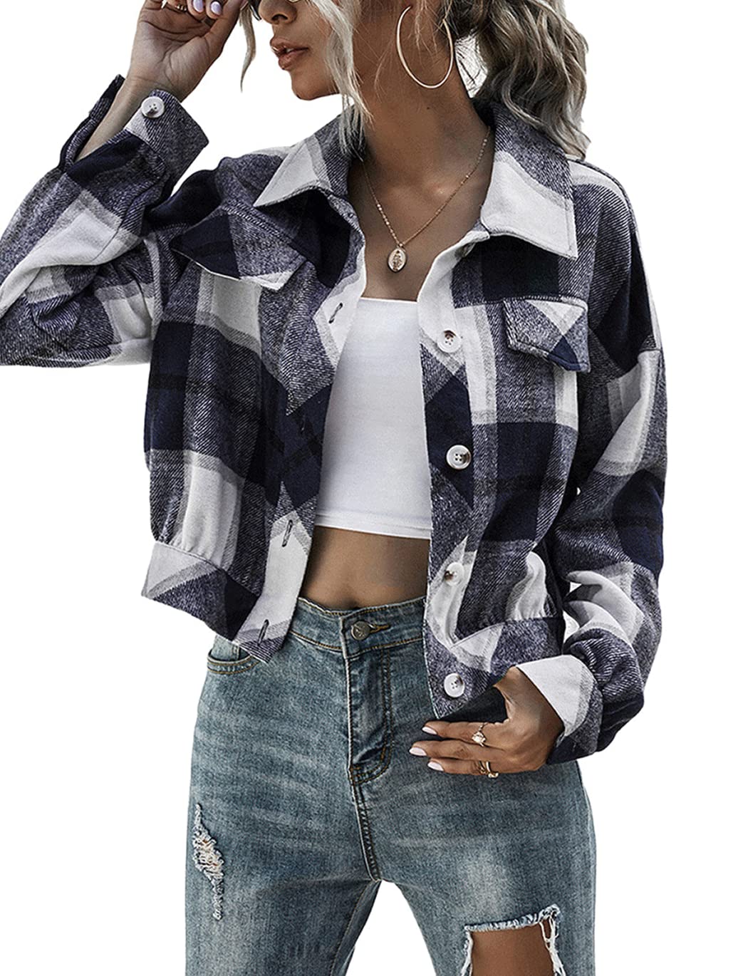 Women's Flannel Plaid Button Down Cropped Jacket