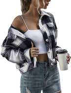 Women's Flannel Plaid Button Down Cropped Jacket