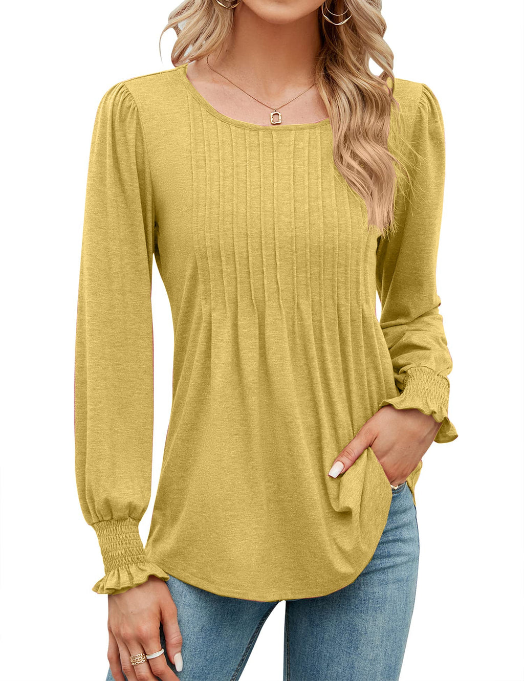 Women's Pleated Puff Long Sleeve Tunic Tops