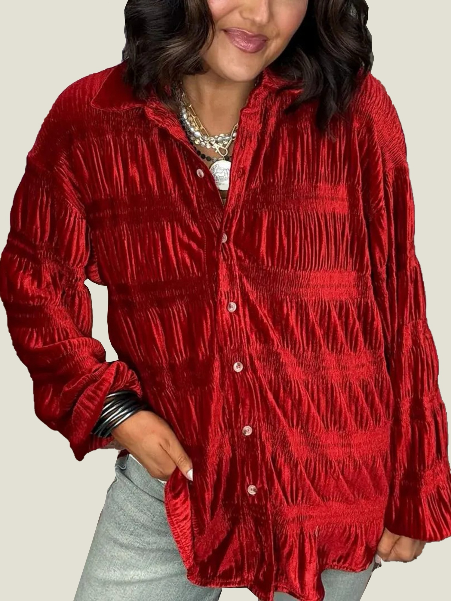 Women's Shirred Velvet Button Down Top