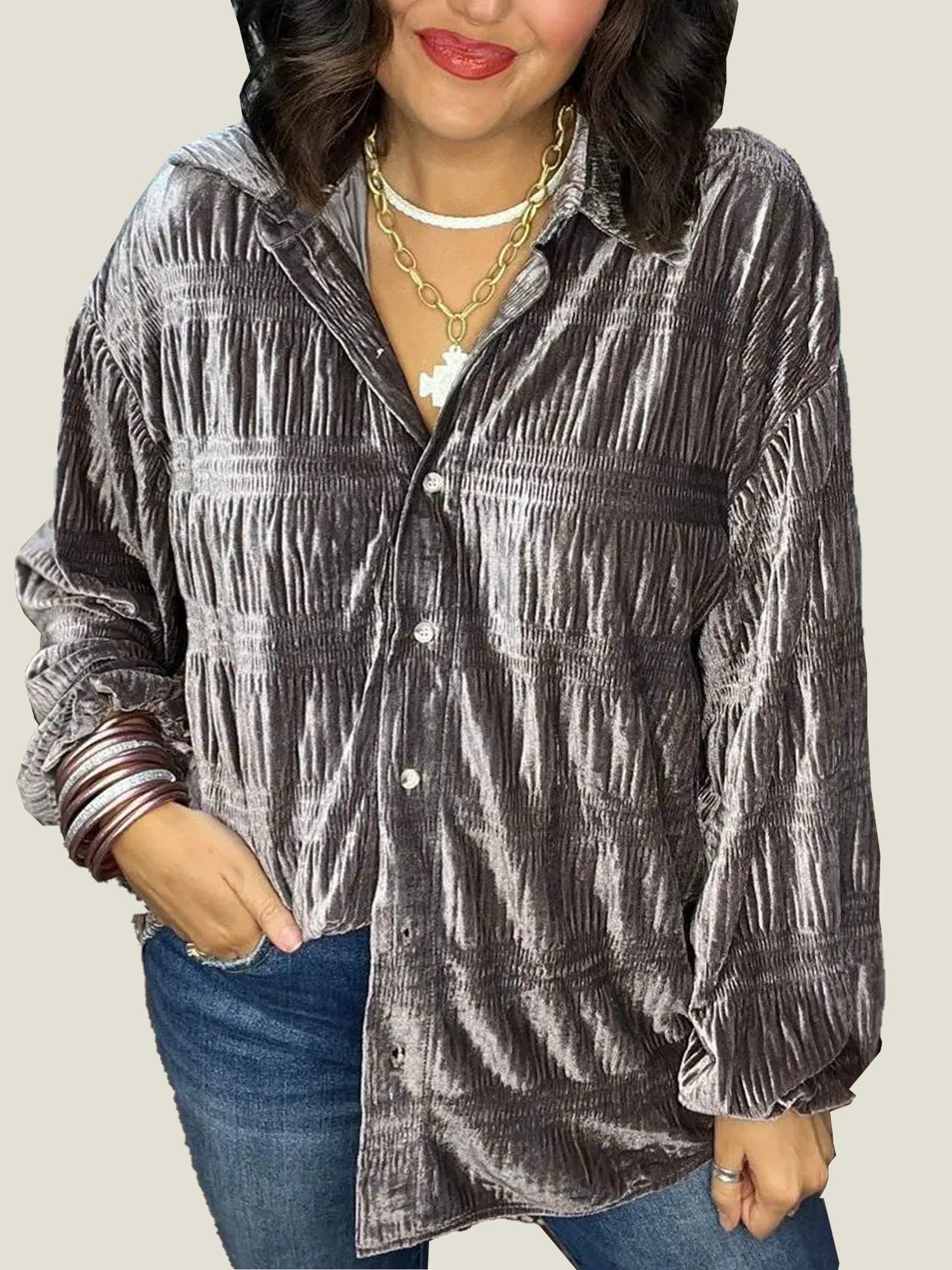 Women's Shirred Velvet Button Down Top