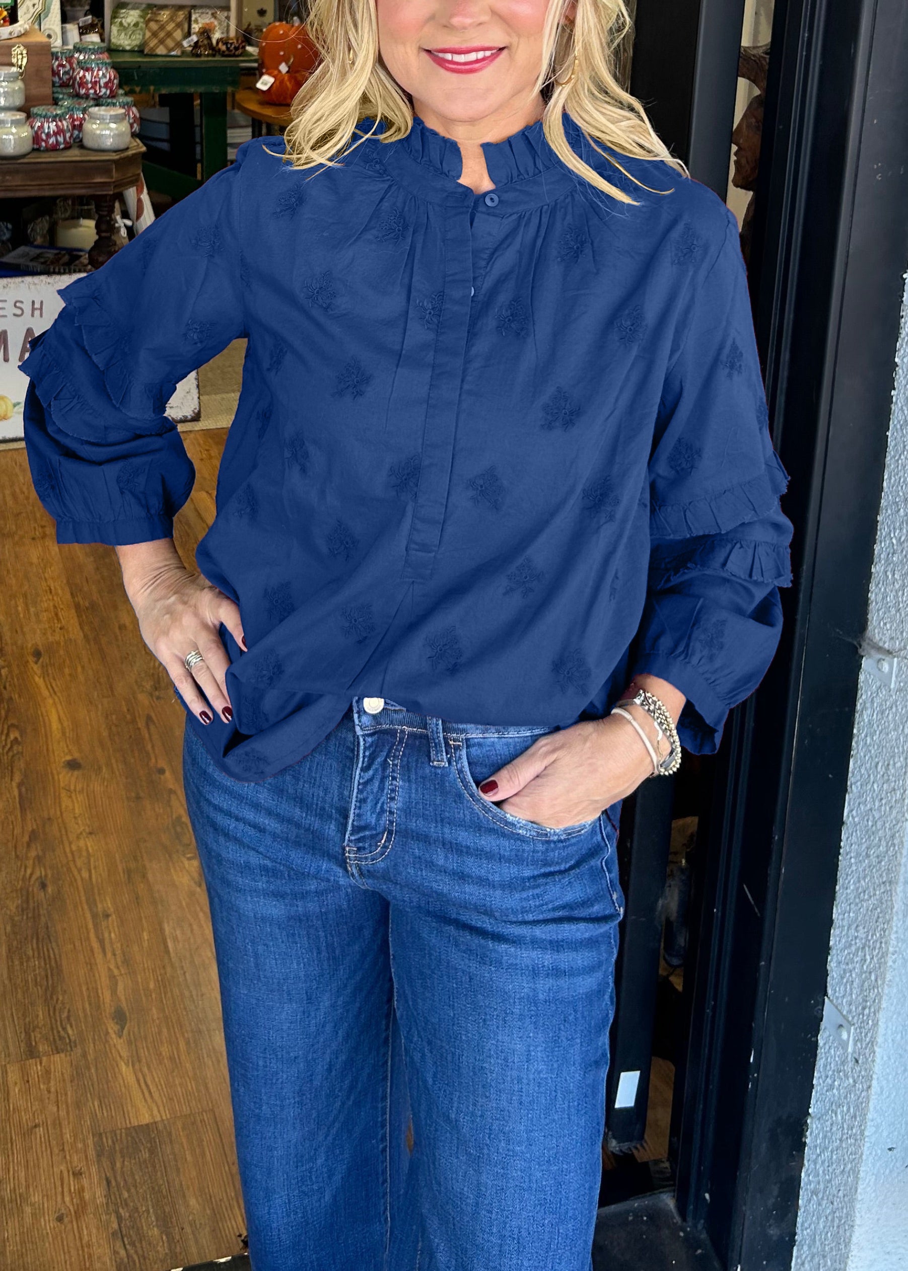 Women's Strawberry Print Ruffle Sleeve Shirt