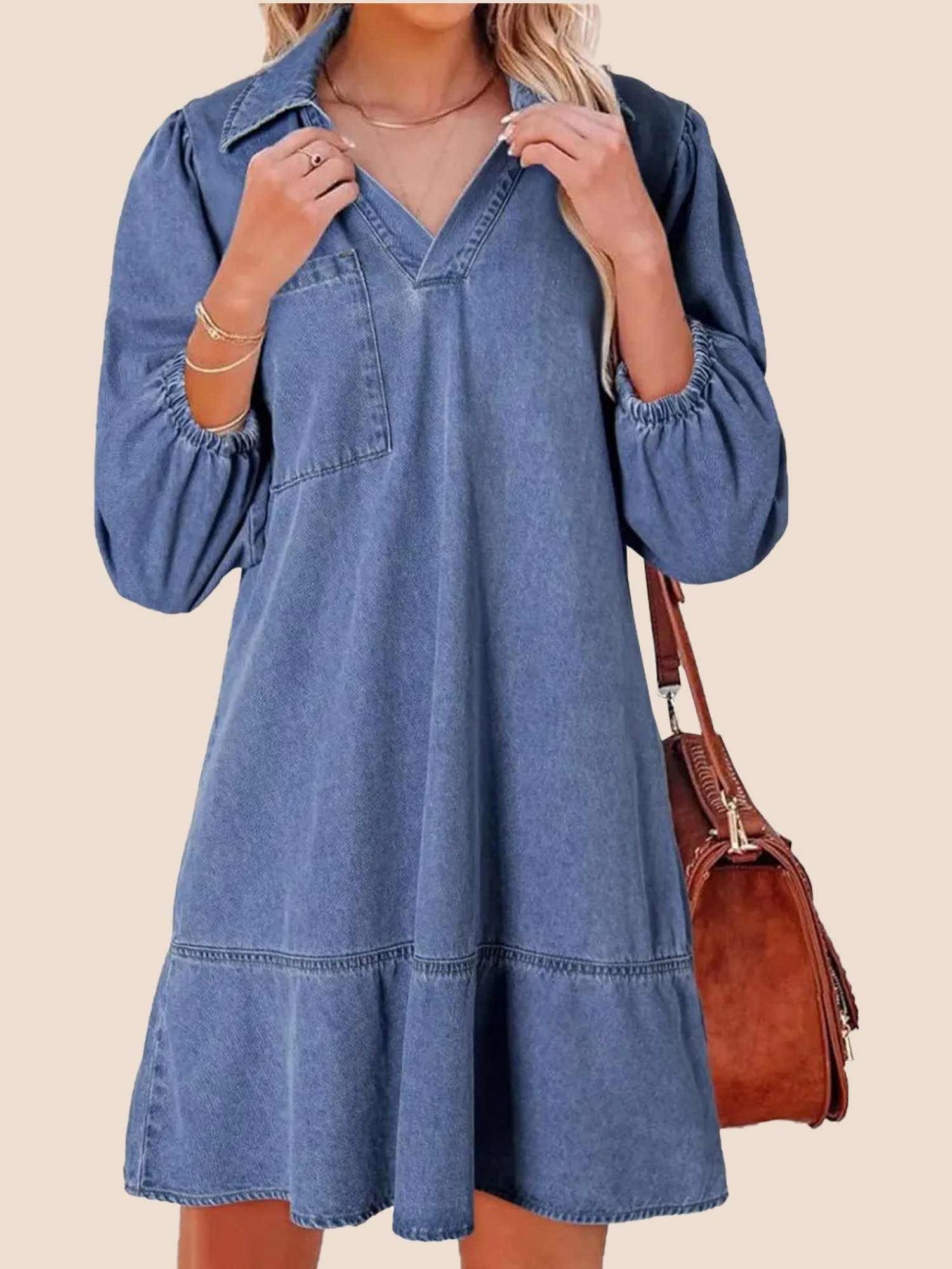 Women's V-Neck Puff Sleeve Denim Layered Dress