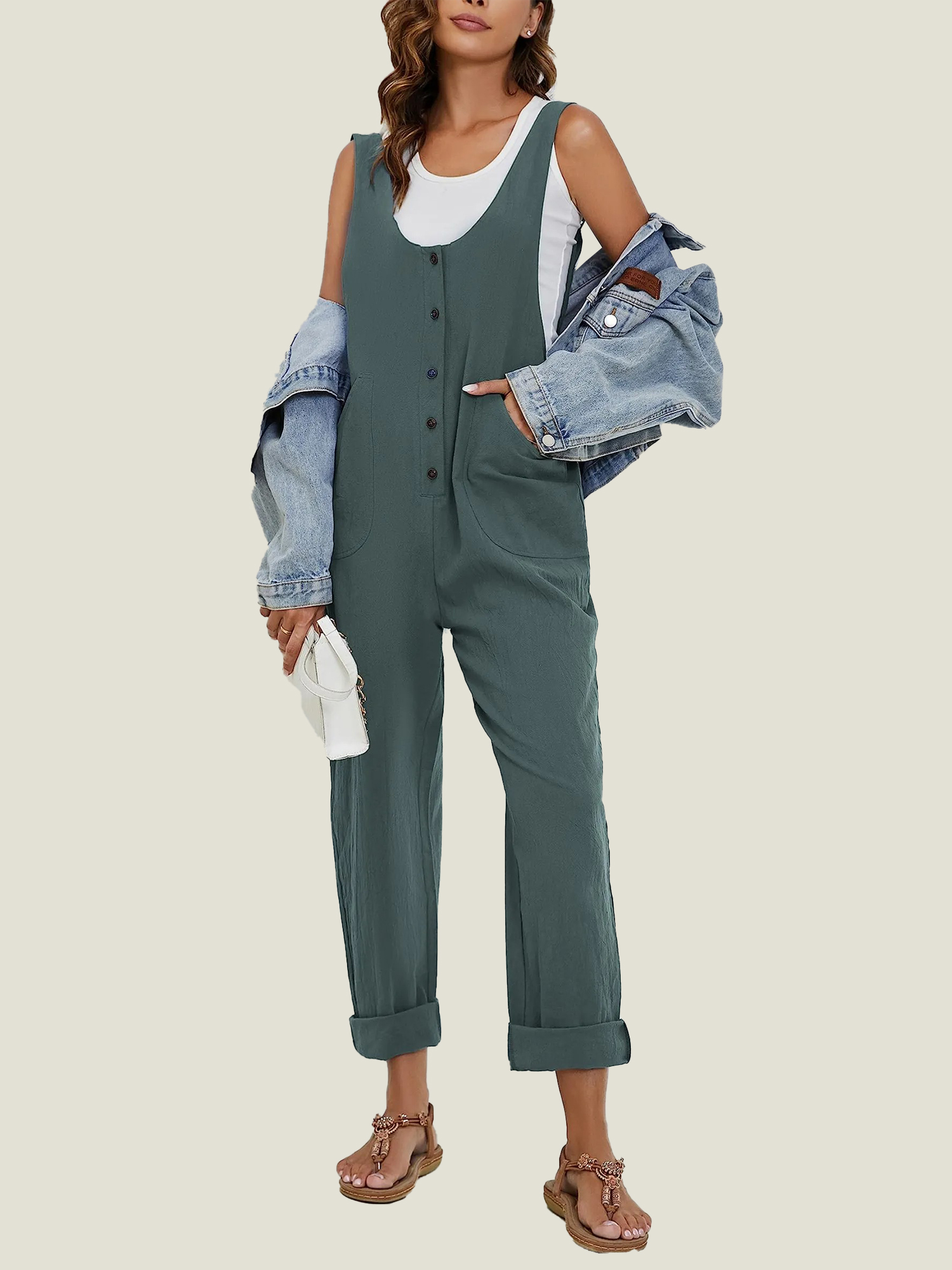 Women's Adjustable Straps Button Up Jumpsuit