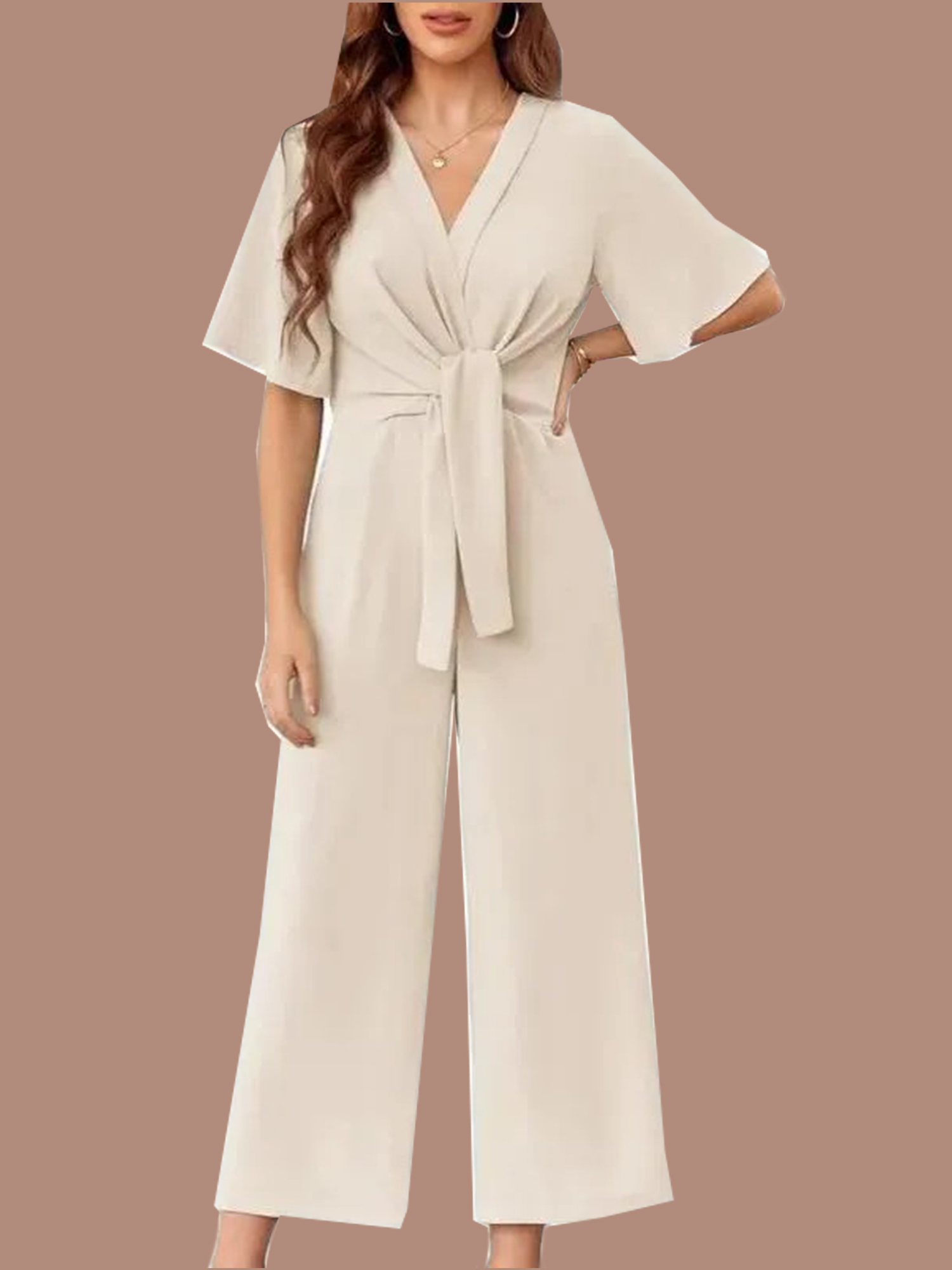 Women's V Neck Tie Knot Front Wide Leg Jumpsuits