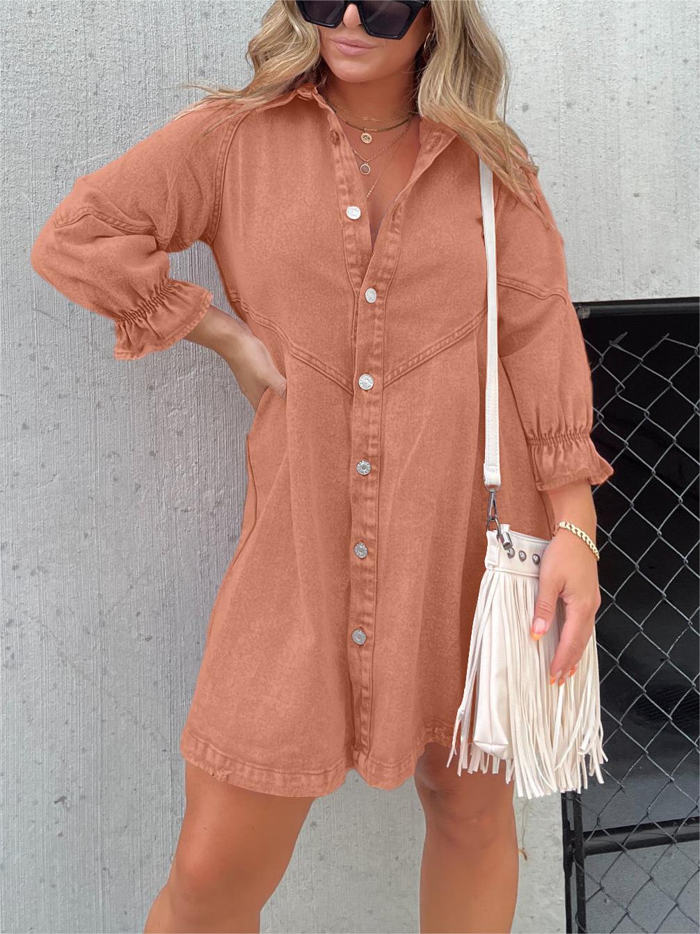 Button Denim Bubble Sleeve Dress