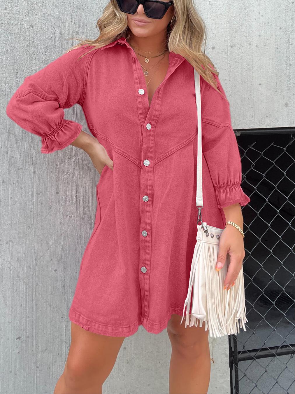 Button Denim Bubble Sleeve Dress