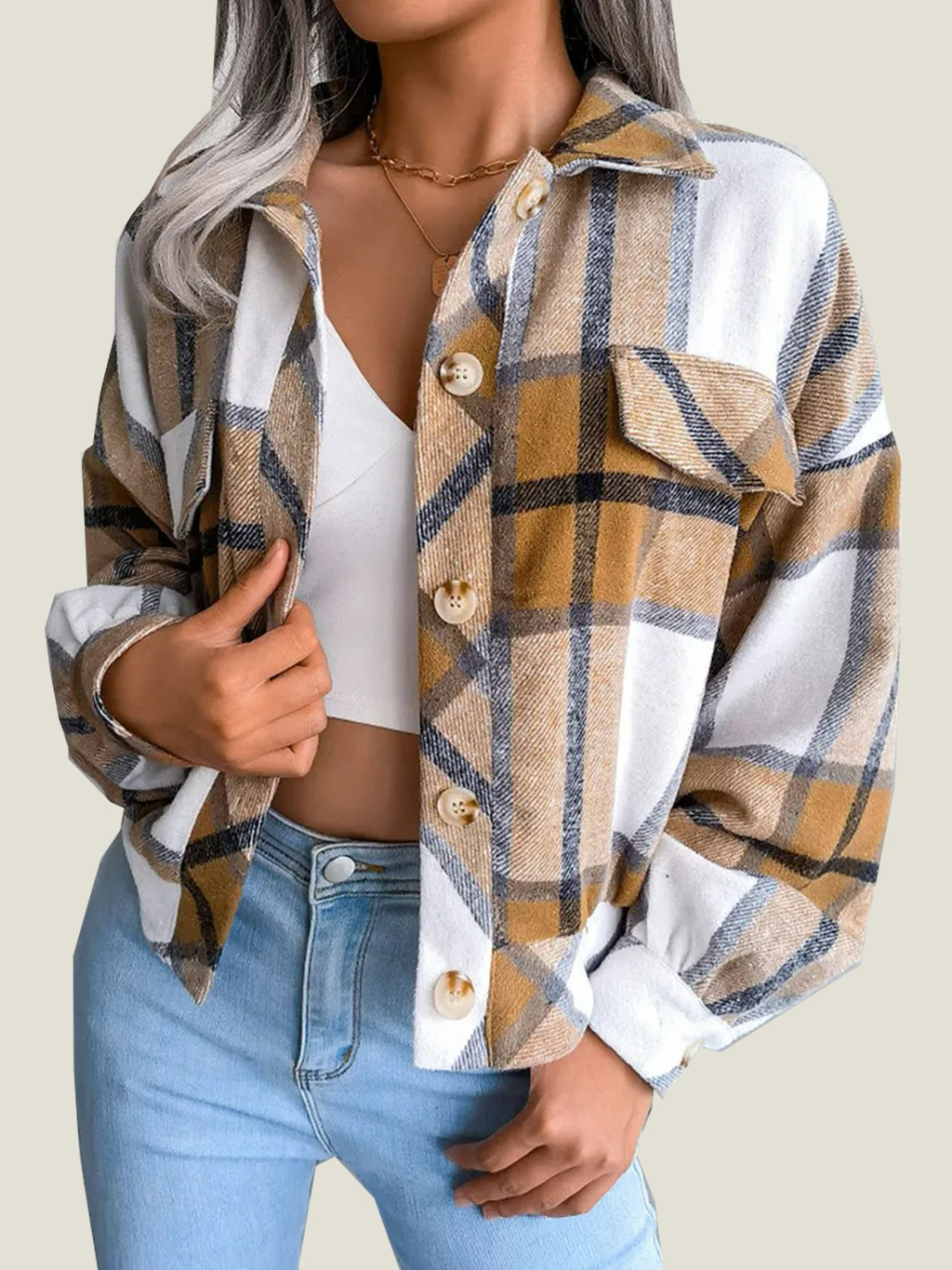 Women's Flannel Plaid Button Down Cropped Jacket