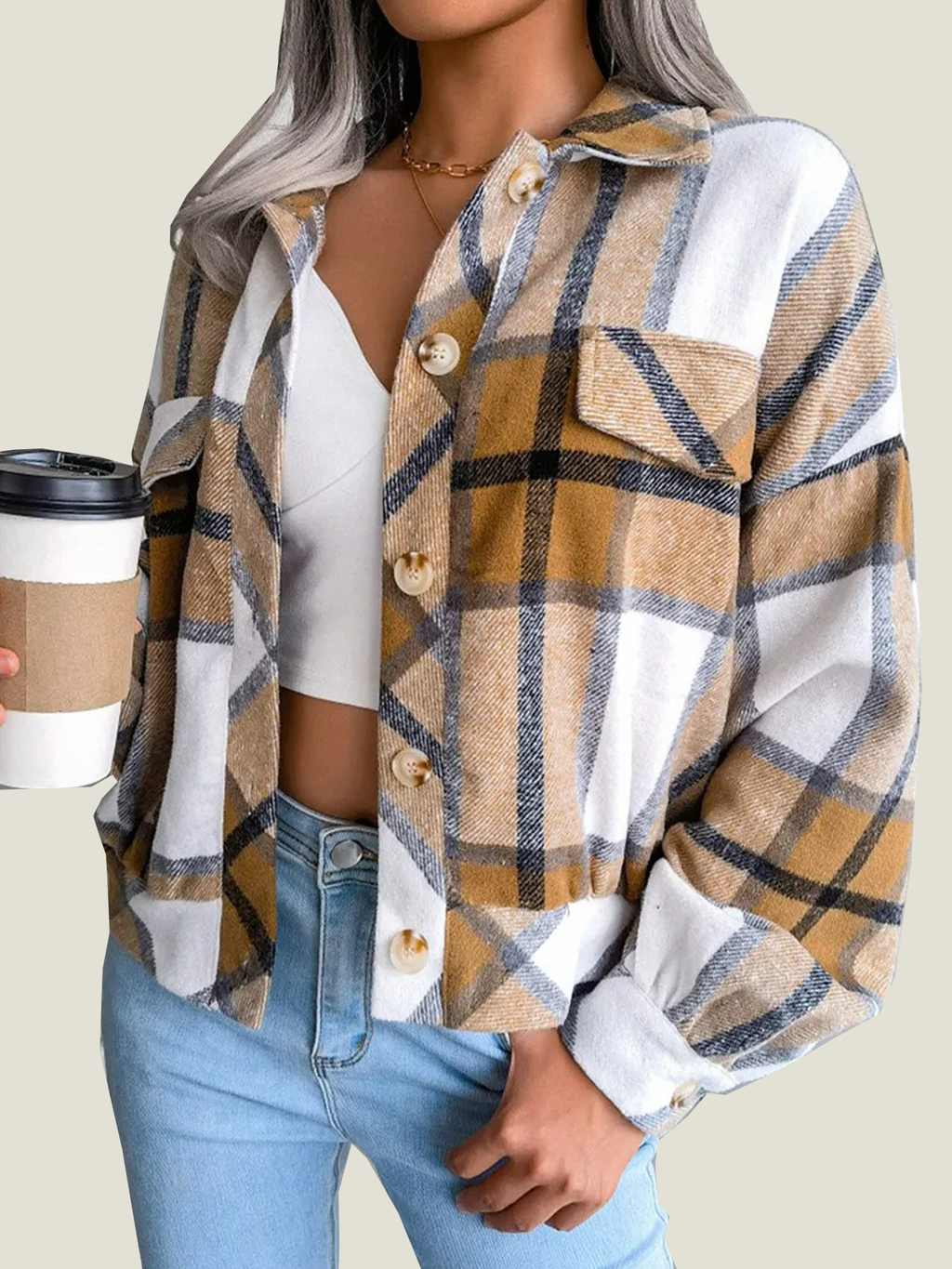 Women's Flannel Plaid Button Down Cropped Jacket