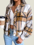 Women's Flannel Plaid Button Down Cropped Jacket