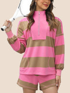 Women's 2 Piece Striped Long Sleeve Quarter Zip Lounge Set