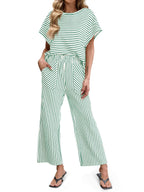 Striped Short Sleeve T-Shirts Wide Leg Pants Two Piece Set (Buy 2 Free Shipping)