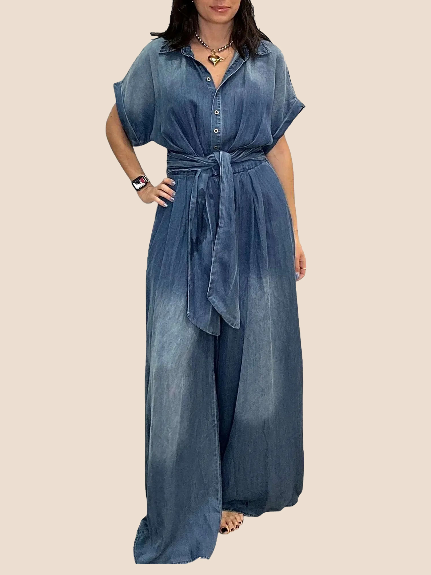 Women's Tie-Waist Wide-Leg Denim Jumpsuit