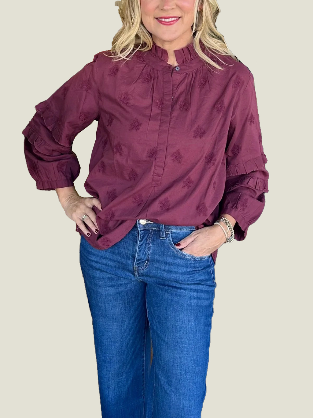 Women's Strawberry Print Ruffle Sleeve Shirt