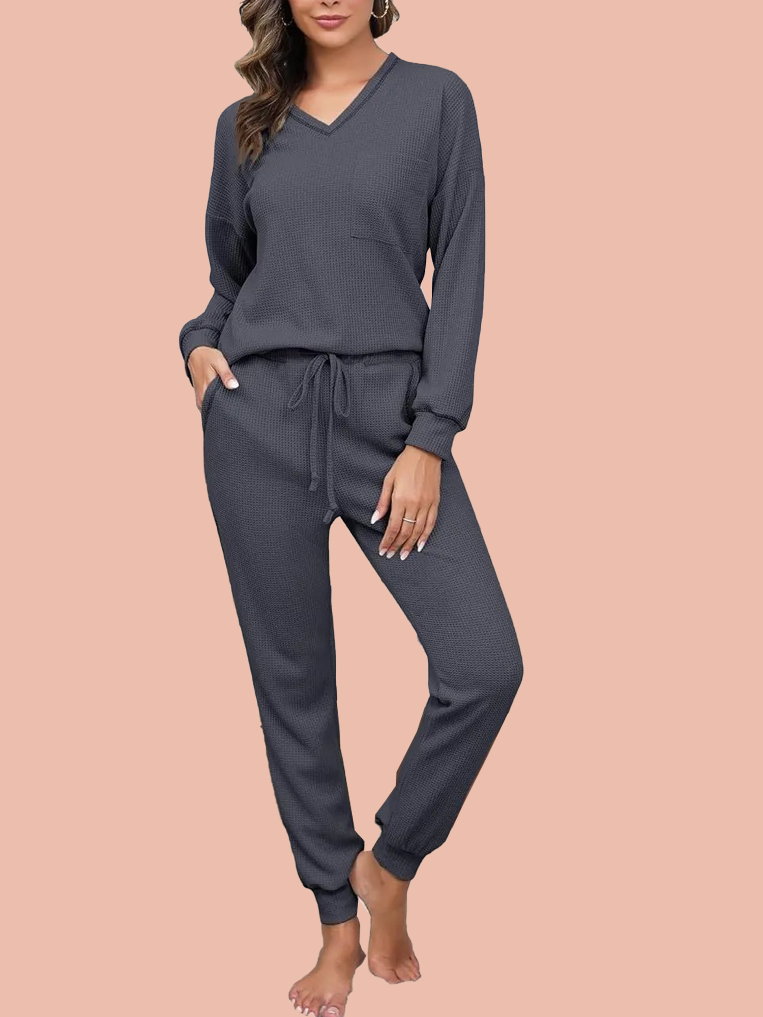 Women's V Neck Waffle Knit Two Piece Lounge Sets