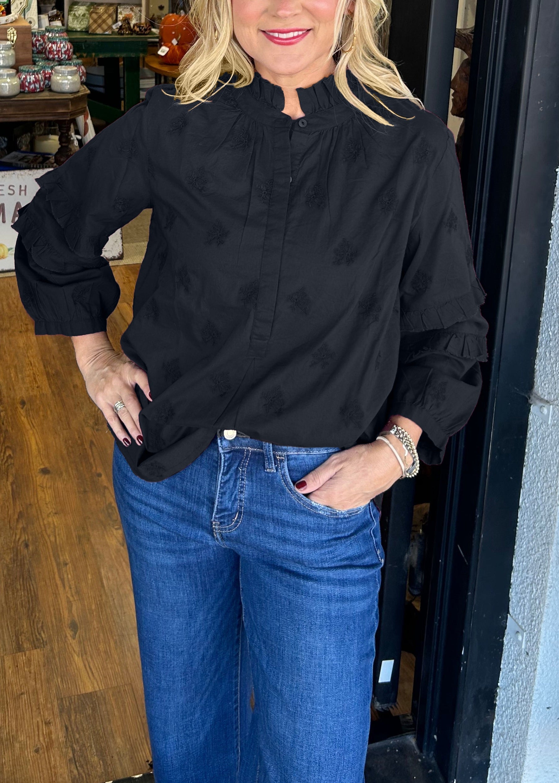 Women's Strawberry Print Ruffle Sleeve Shirt