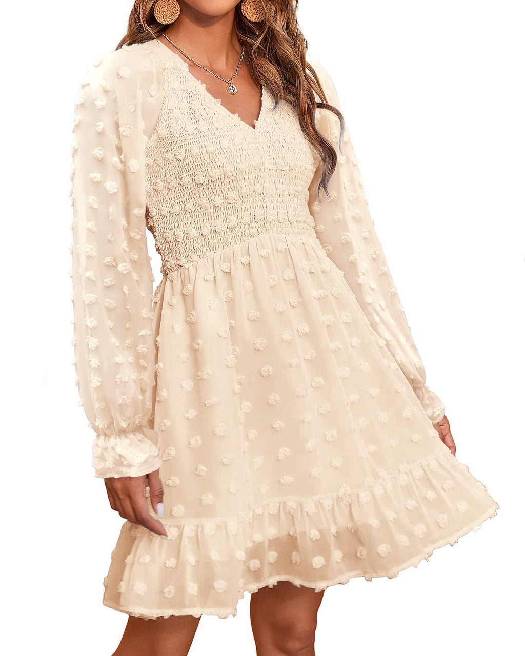 Women's Spring V Neck Swiss Dot Chiffon Mini Dress