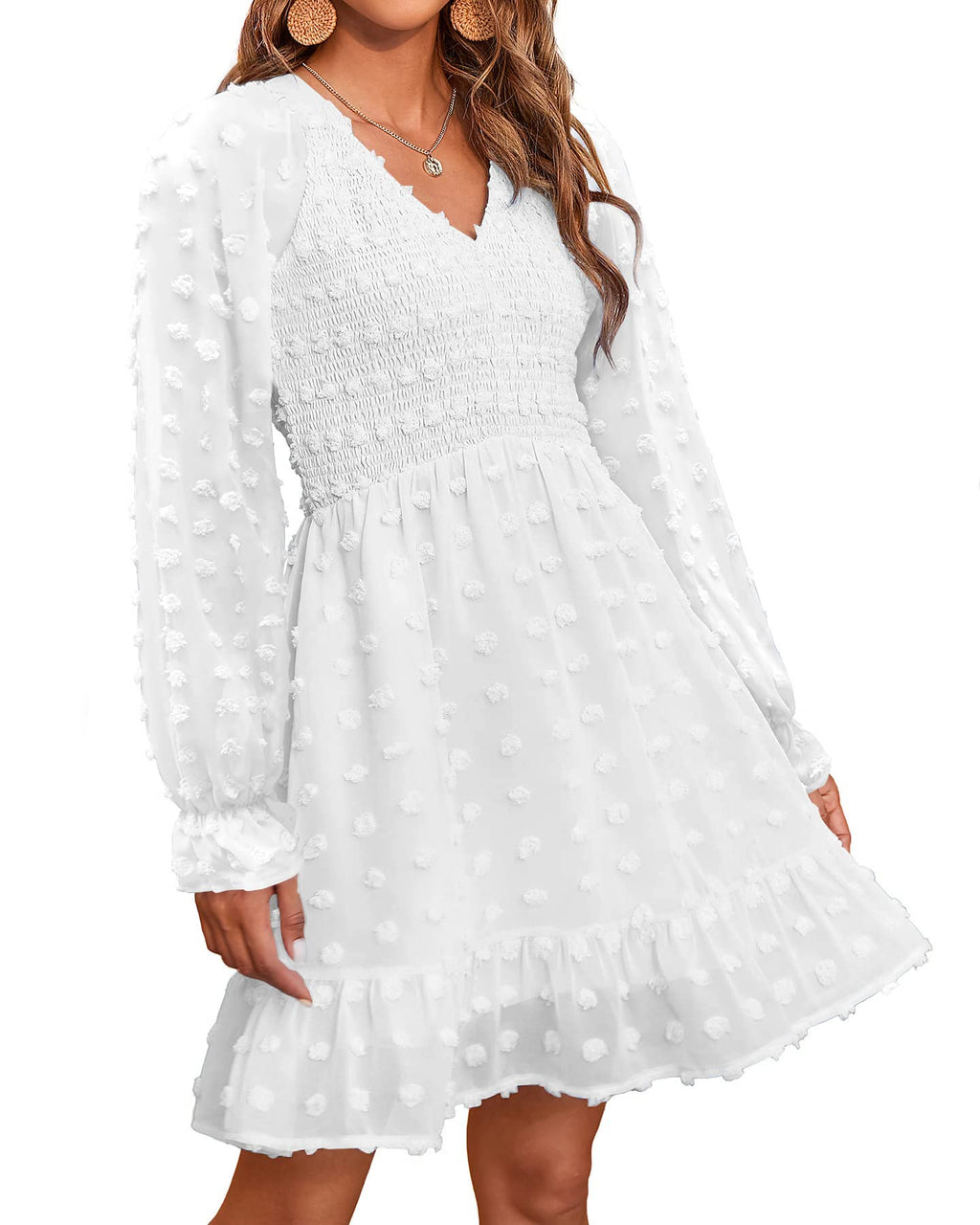 Women's Spring V Neck Swiss Dot Chiffon Mini Dress