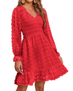 Women's Spring V Neck Swiss Dot Chiffon Mini Dress