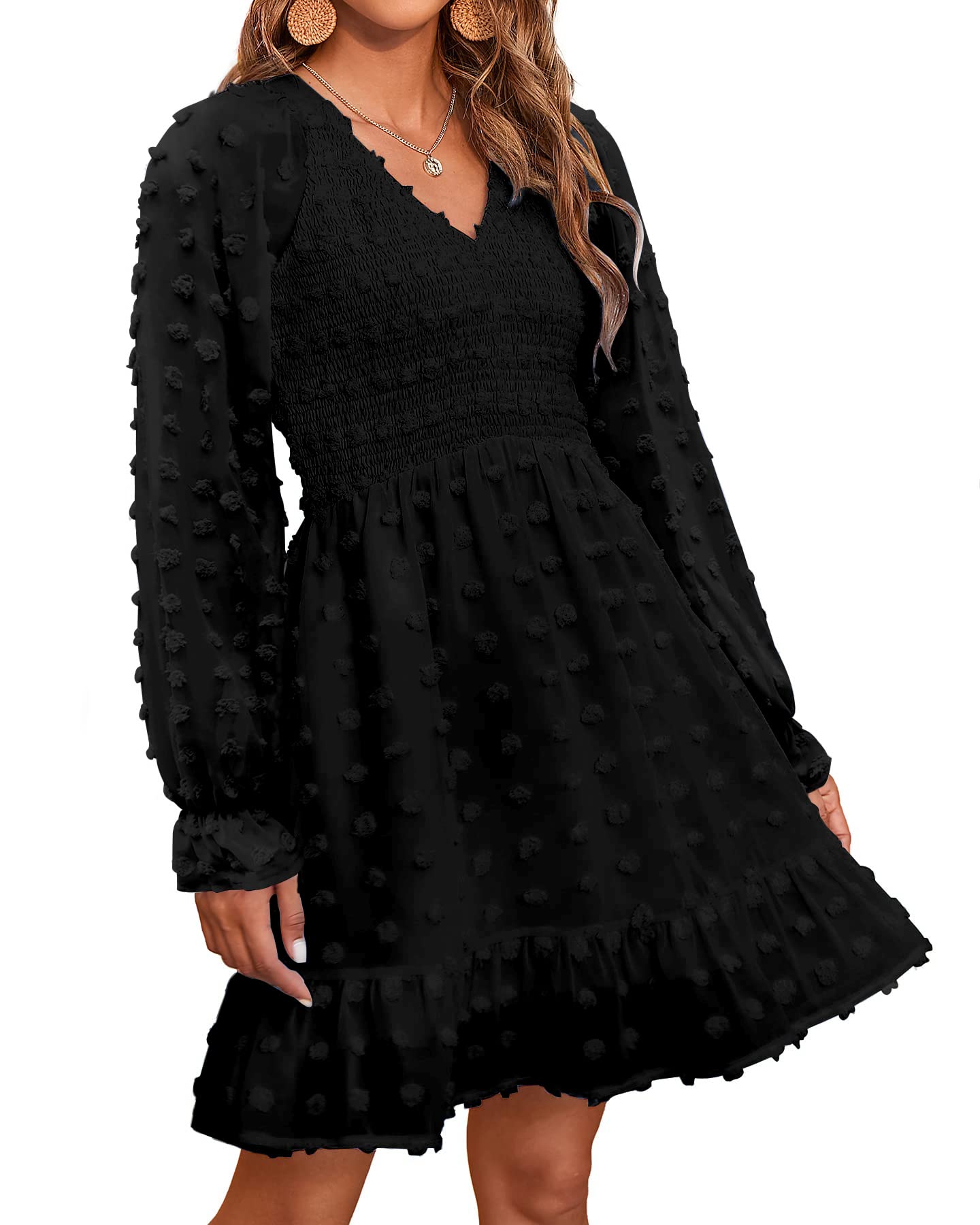 Women's Spring V Neck Swiss Dot Chiffon Mini Dress