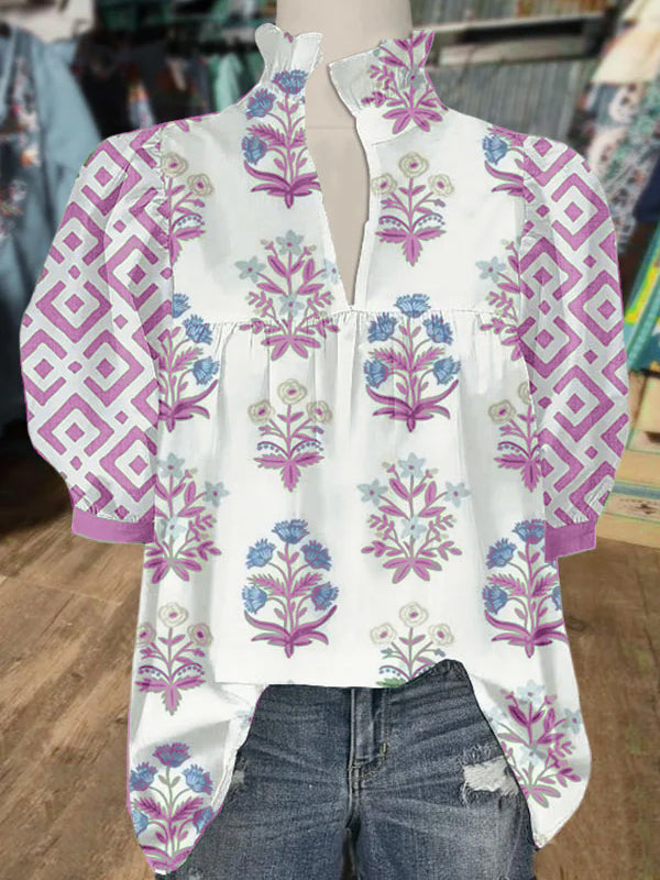 Women's V Neck Puff Sleeve Floral Print Blouse