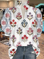 Women's V Neck Puff Sleeve Floral Print Blouse