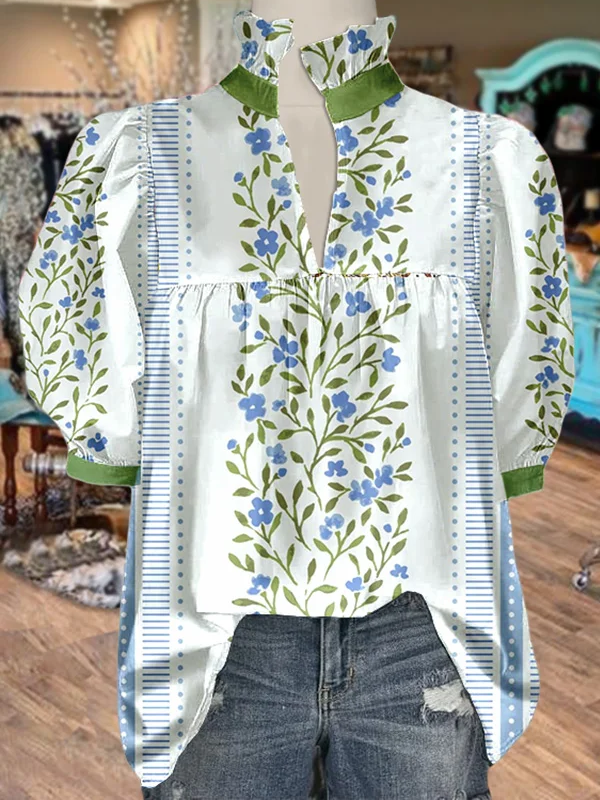 Women's V Neck Puff Sleeve Floral Print Blouse