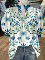 Women's V Neck Puff Sleeve Floral Print Blouse
