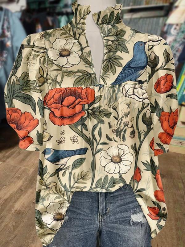 Women's V Neck Puff Sleeve Floral Print Blouse