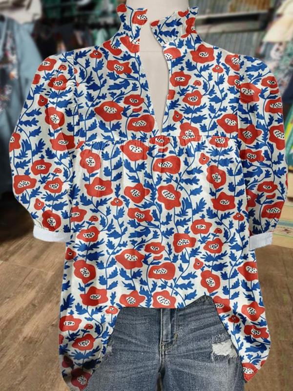 Women's V Neck Puff Sleeve Floral Print Blouse