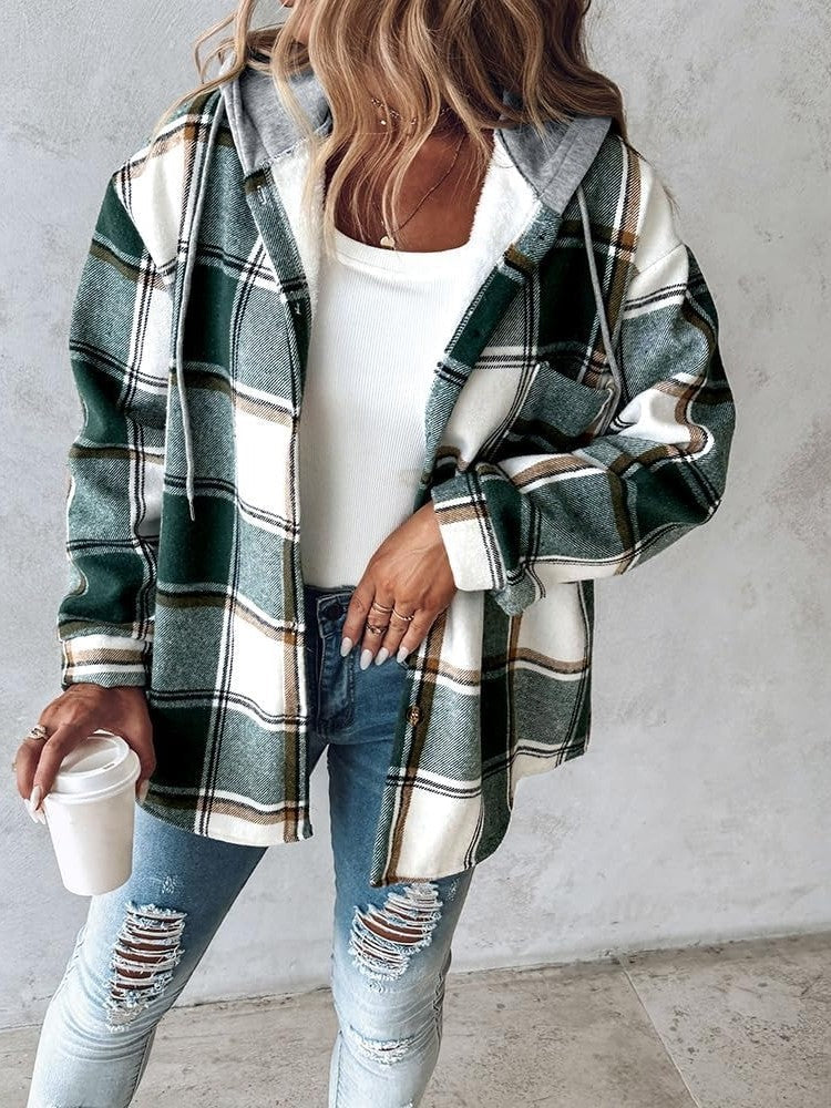 Women's Plaid Button Down Fleece Lined Hooded Jackets