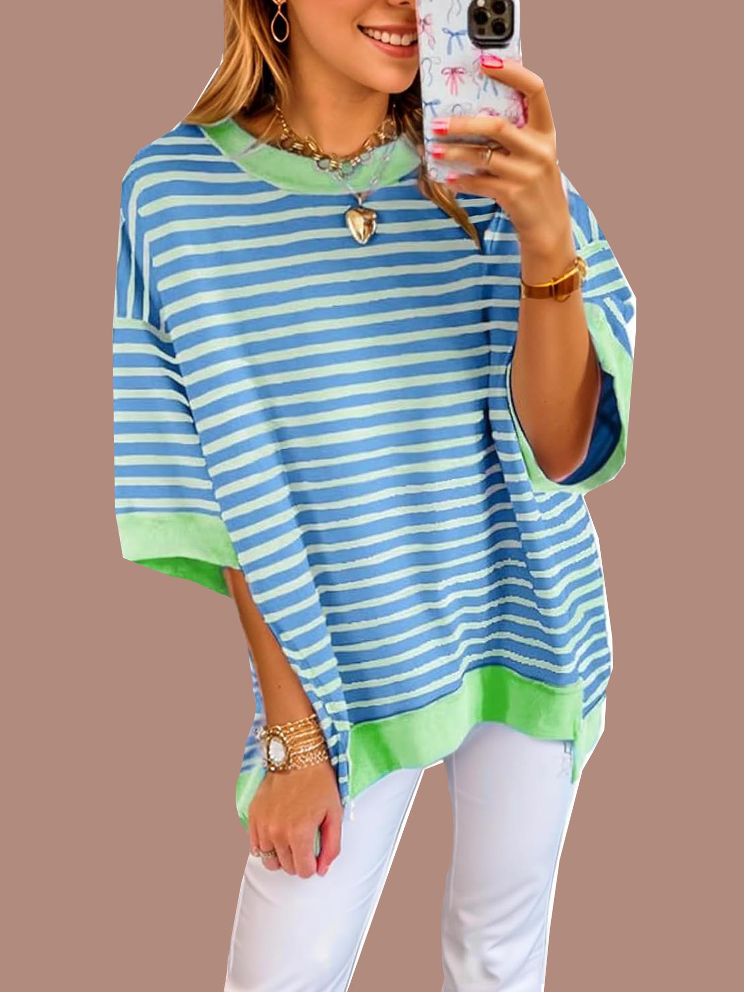 Women's Oversized Striped Color Block Half Sleeve Tops