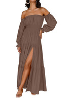 Women's Sexy Off Shoulder Side Split Flowy Maxi Dress