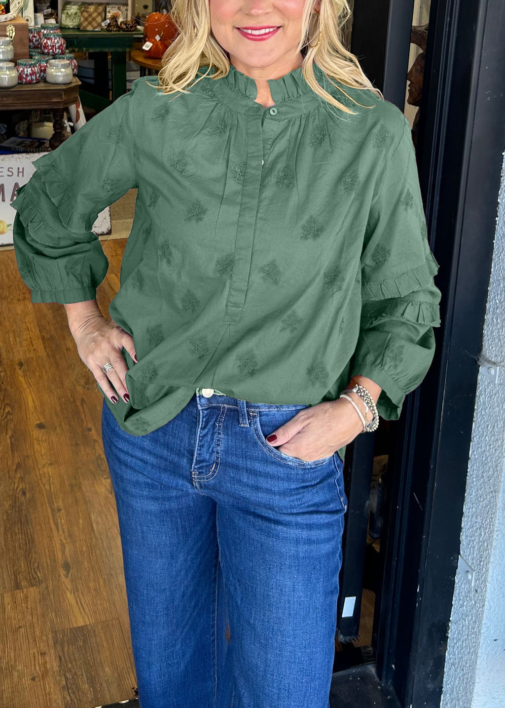 Women's Strawberry Print Ruffle Sleeve Shirt