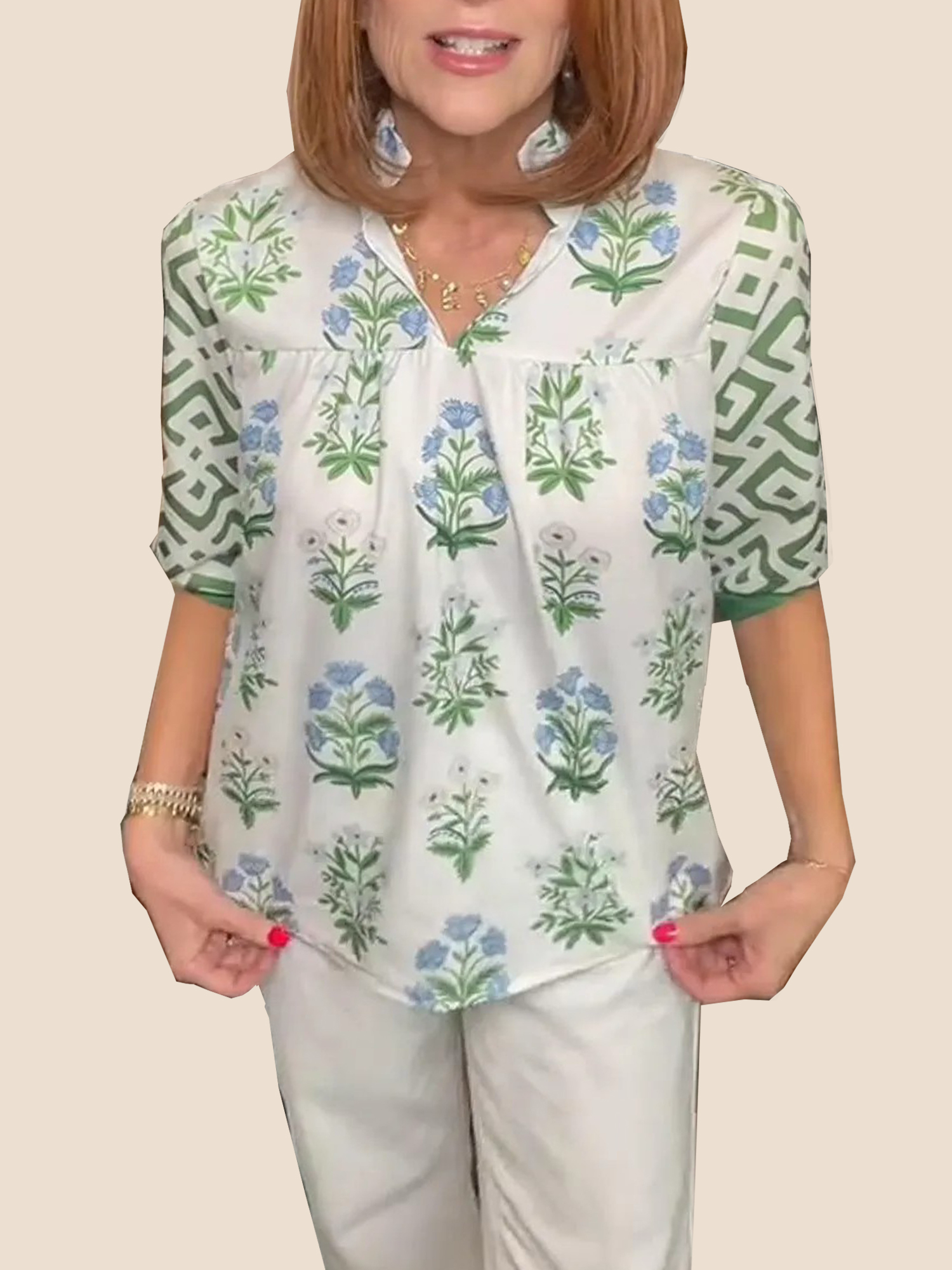 Women's V Neck Puff Sleeve Floral Print Blouse