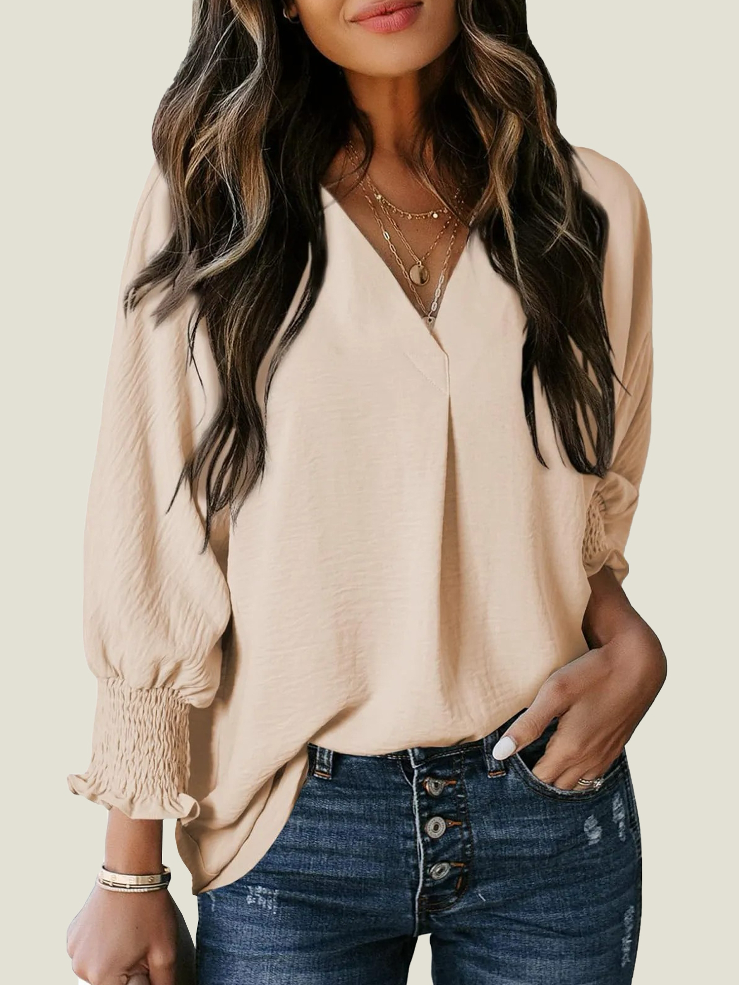 Women's Casual 3/4 Sleeve V Neck Basic Tops