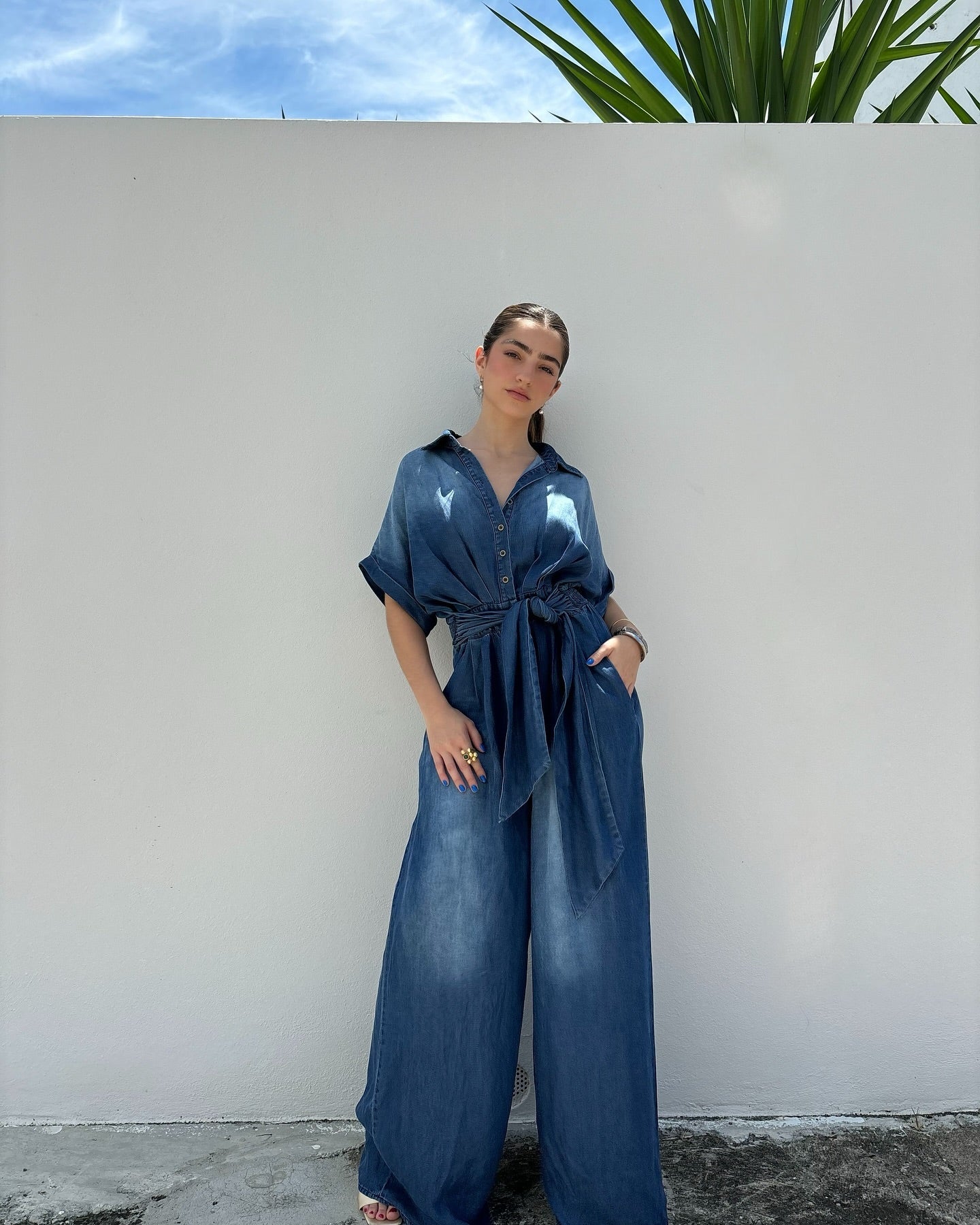 Women's Tie-Waist Wide-Leg Denim Jumpsuit