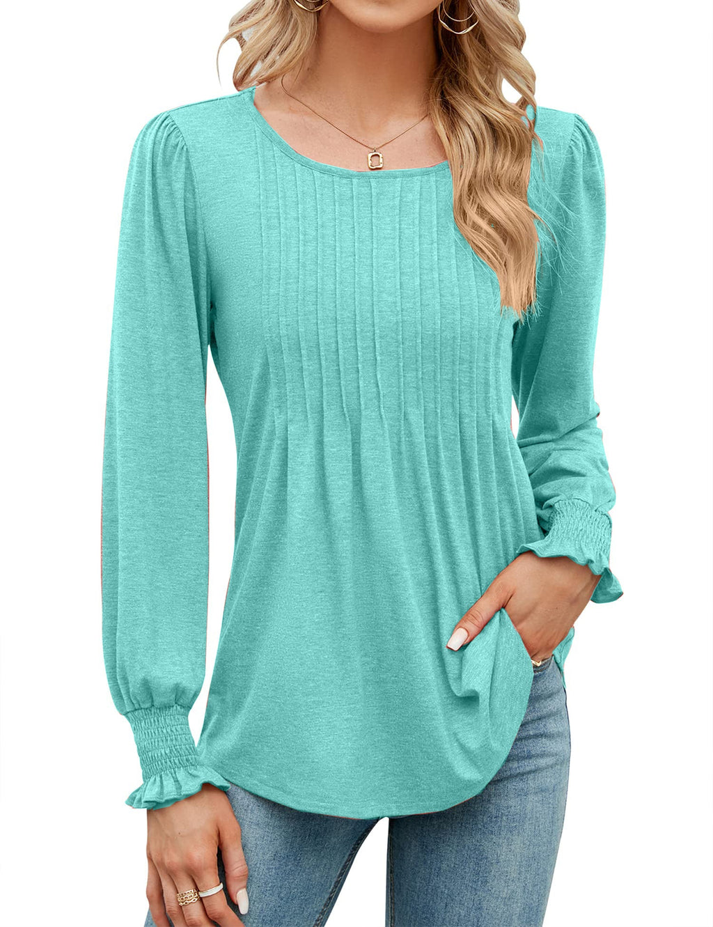 Women's Pleated Puff Long Sleeve Tunic Tops