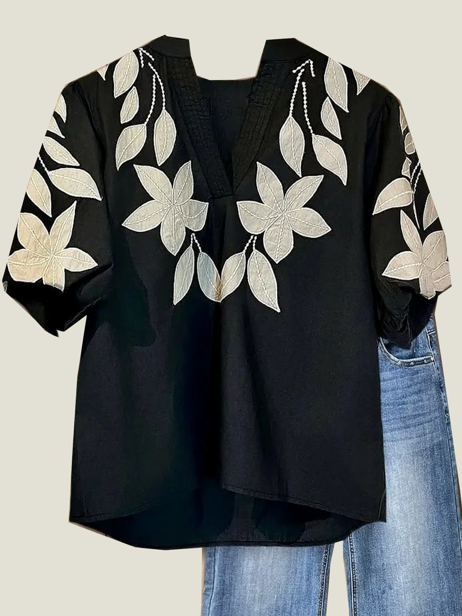 Women's V Neck Puff Sleeve Floral Embroidery  T-Shirt