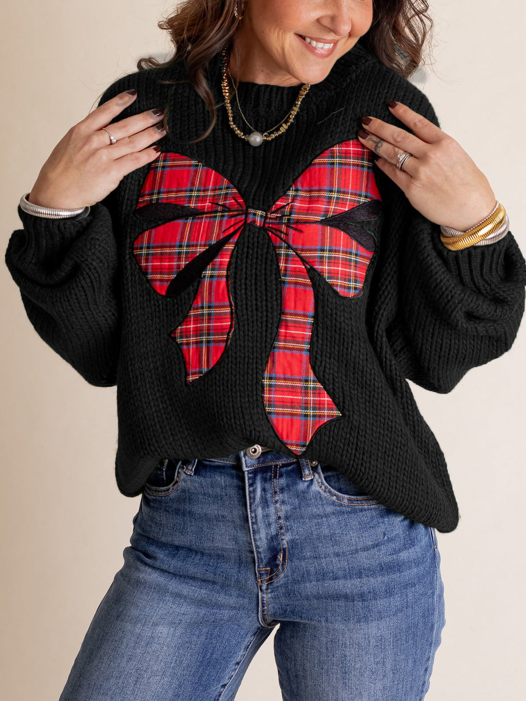 Women's Plaid Bow Sweater