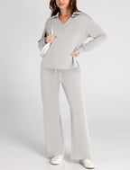 Women's Casual Polo Top and Wide Leg Pants Matching Sets