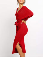 Women's Wrap V Neck Slit Sweater Dresses