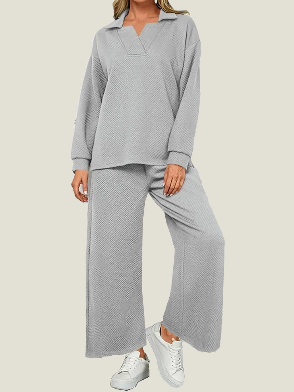 Women's Lapel V Neck Textured Lounge Sets