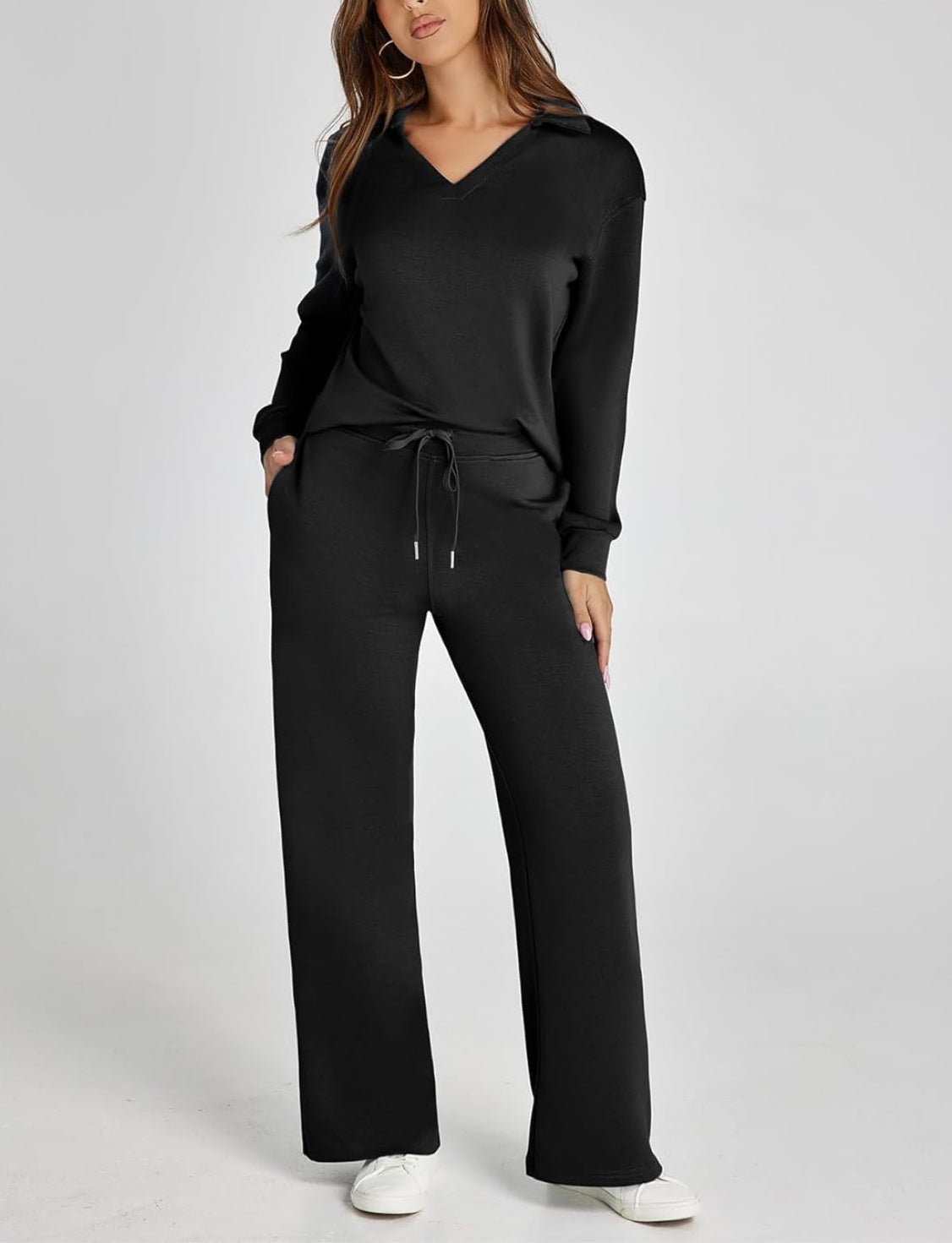 Women's Casual Polo Top and Wide Leg Pants Matching Sets