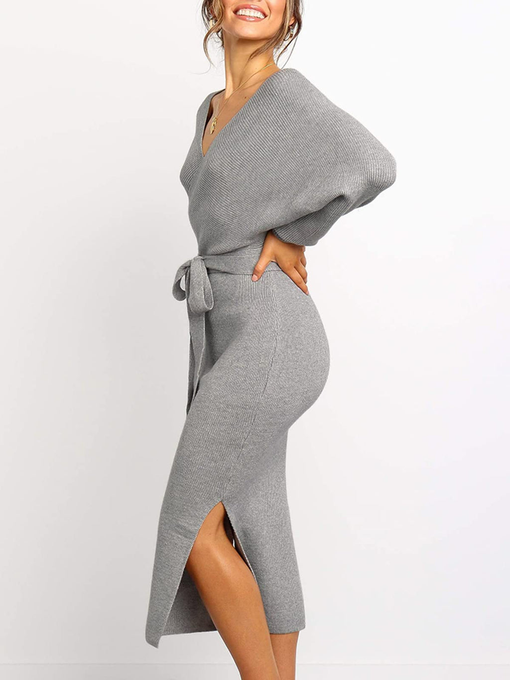 Women's Wrap V Neck Slit Sweater Dresses