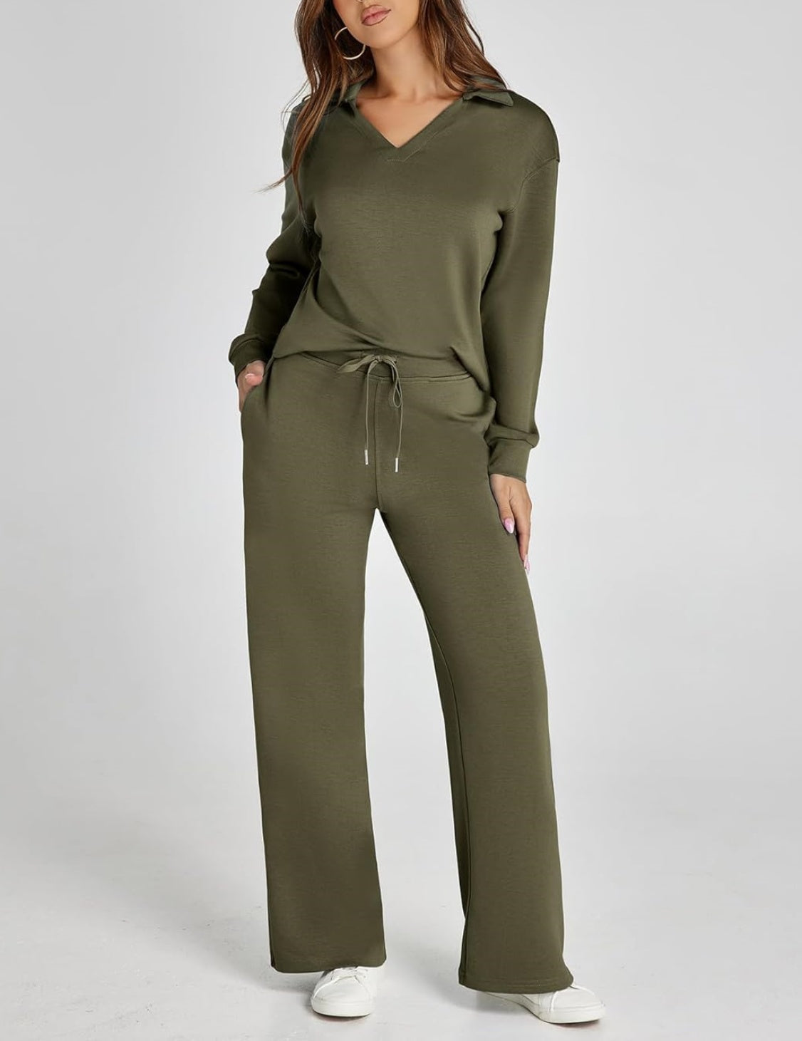 Women's Casual Polo Top and Wide Leg Pants Matching Sets