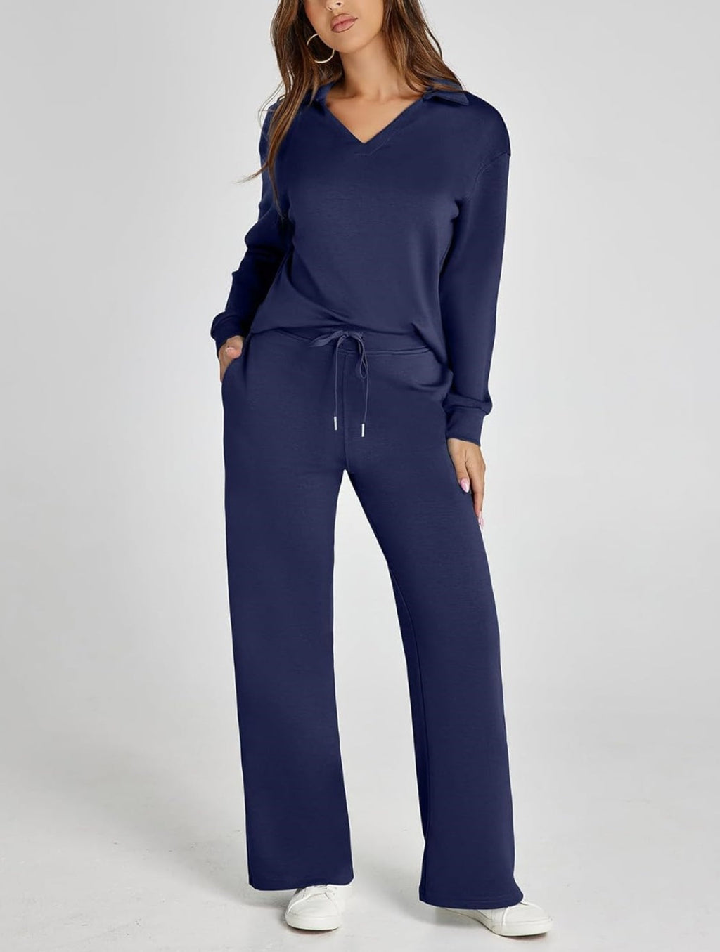 Women's Casual Polo Top and Wide Leg Pants Matching Sets