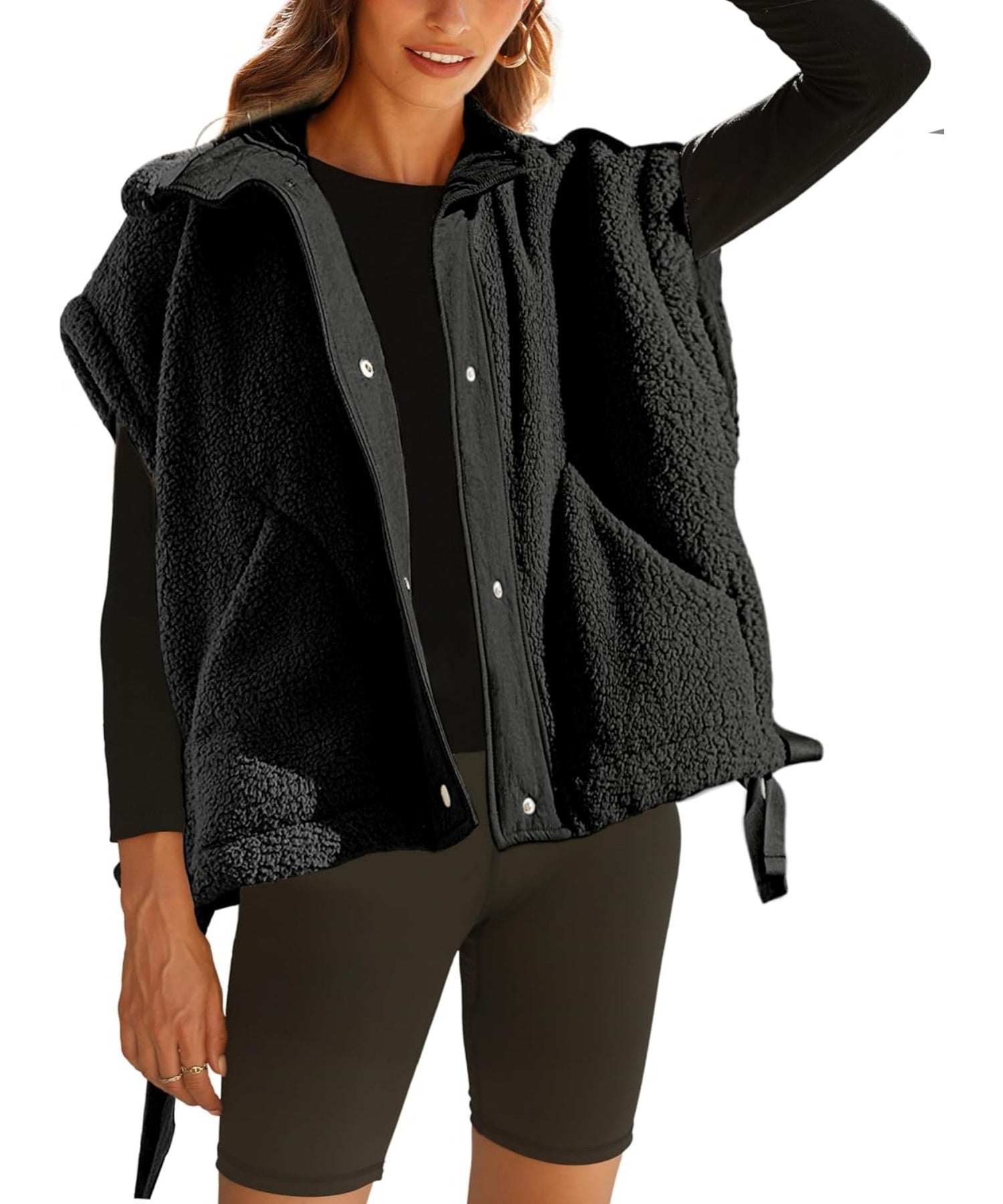 Women's Button Paneled Teddy Fleece Vest Jacket