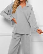 Women's Lapel V Neck Textured Lounge Sets