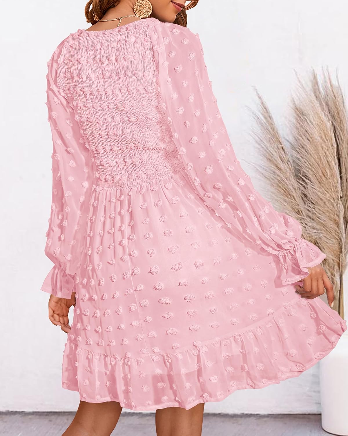 Women's Spring V Neck Swiss Dot Chiffon Mini Dress